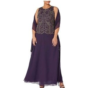 J Kara Beaded Sleeveless Long Dress with Scarf Deep Plum Chiffon NWT Size 16